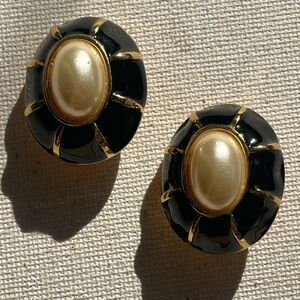 Vintage Premier Designs Black Enamel & Faux Pearl Clip-On Earrings
